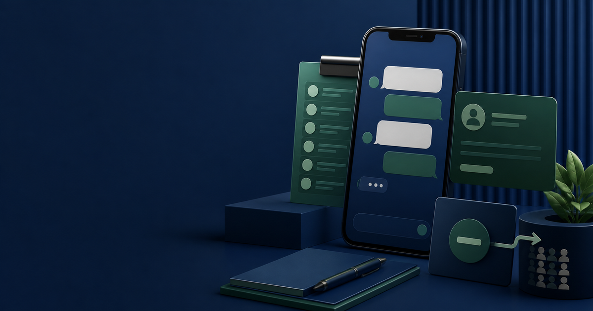 Abstract business messaging interface beside a consent checklist, sender identity card and opt-out path.
