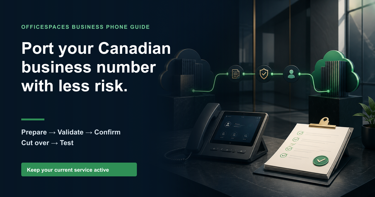 Abstract business phone number transfer path connecting two providers beside a document checklist.