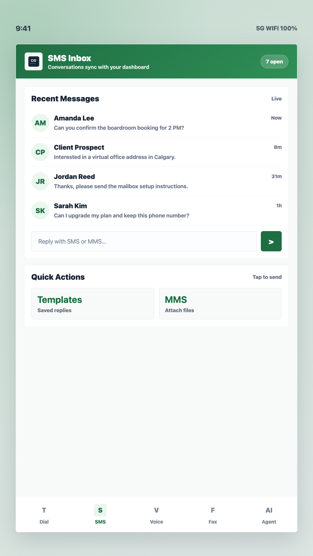 OfficeSpaces Phone SMS screen on Android
