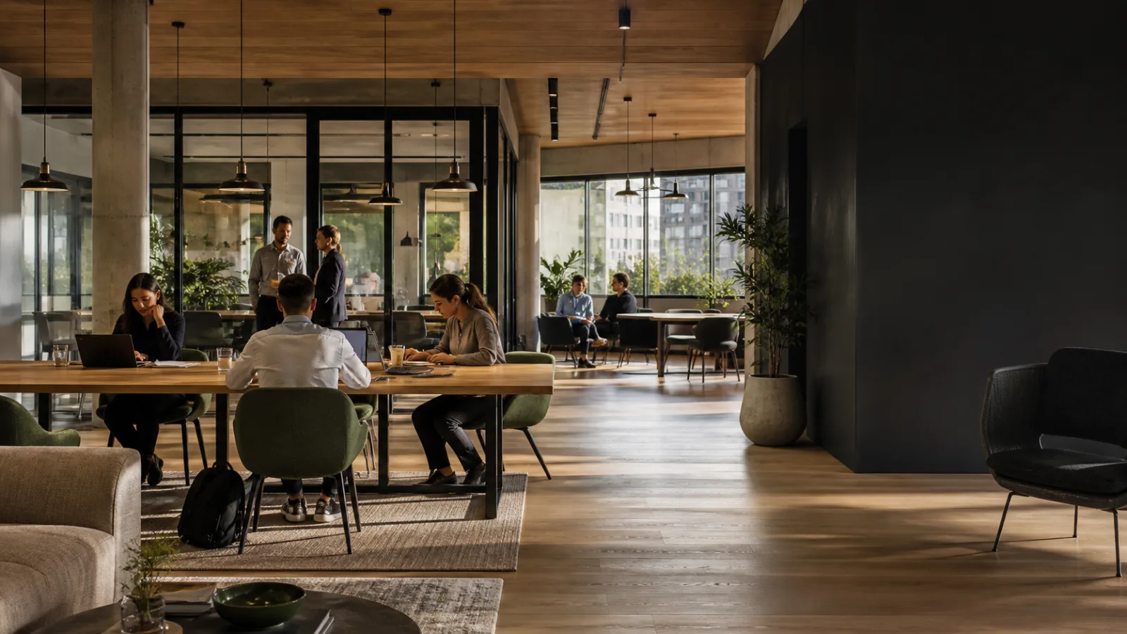 Illustrative contemporary flexible workspace with people working among warm wood, glass meeting rooms and greenery